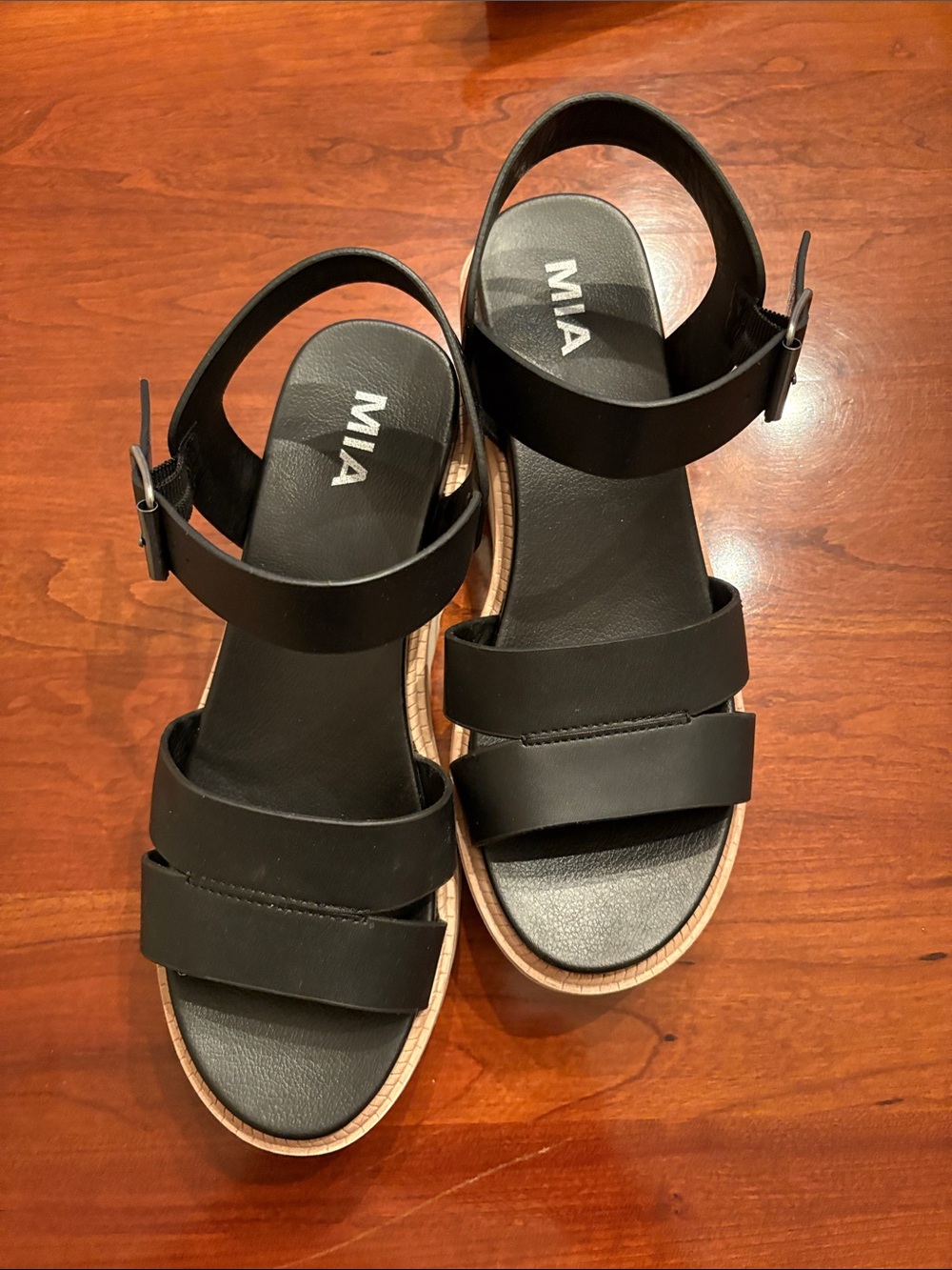 MIA Black Triple-Strap Jovie Platform Sandals with Ankle Buckle
